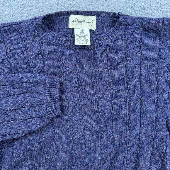 Eddie Bauer Shetland Wool Sweater Mens M Cable Knit Crew Neck Long Sleeve Purple - Picture 1 of 8